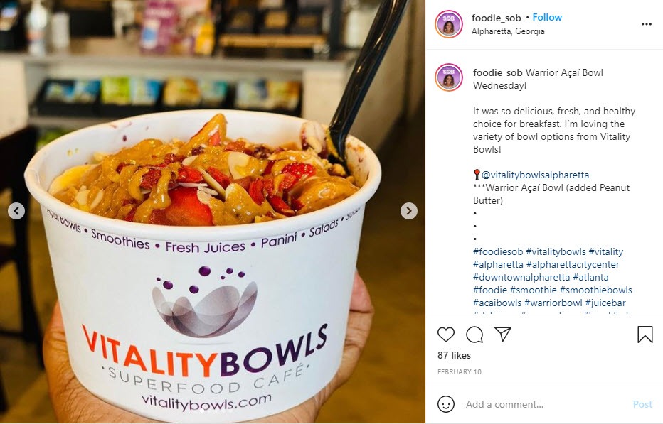 @foodie_sob Posts About Vitality Bowls Alpharetta on Instagram