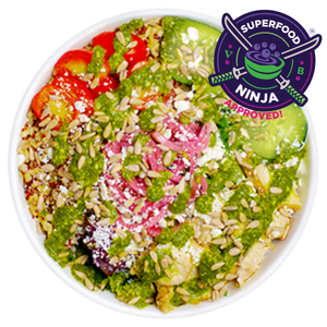 Power Pesto Chicken. Bowl with larger superfood emblem